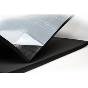 Insulating rubber sheet with factory-applied pressure sensitive adhesive