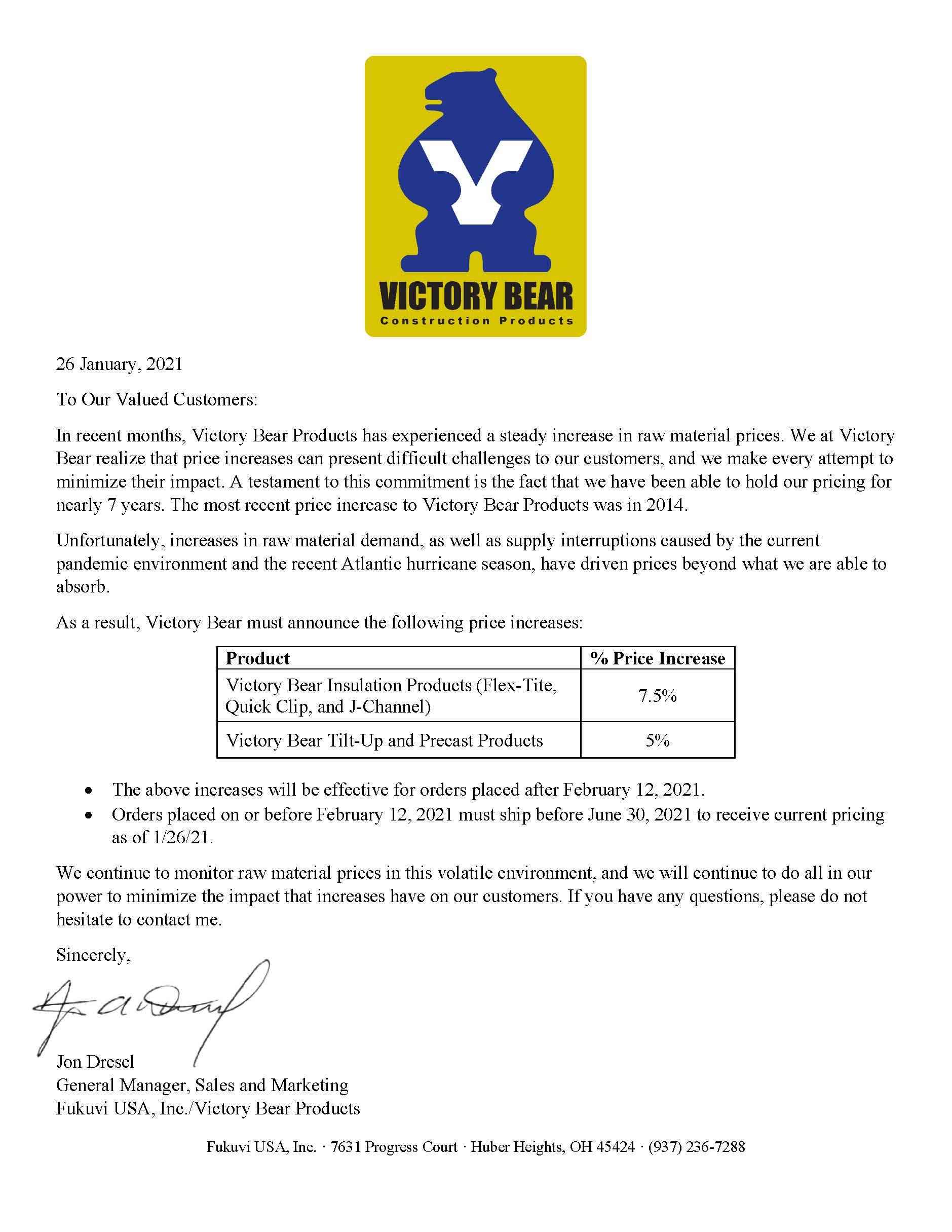 VICTORY BEAR PRODUCTS 57.5 PRICE INCREASE EFFECTIVE FEBRUARY 12, 2021 General Insulation
