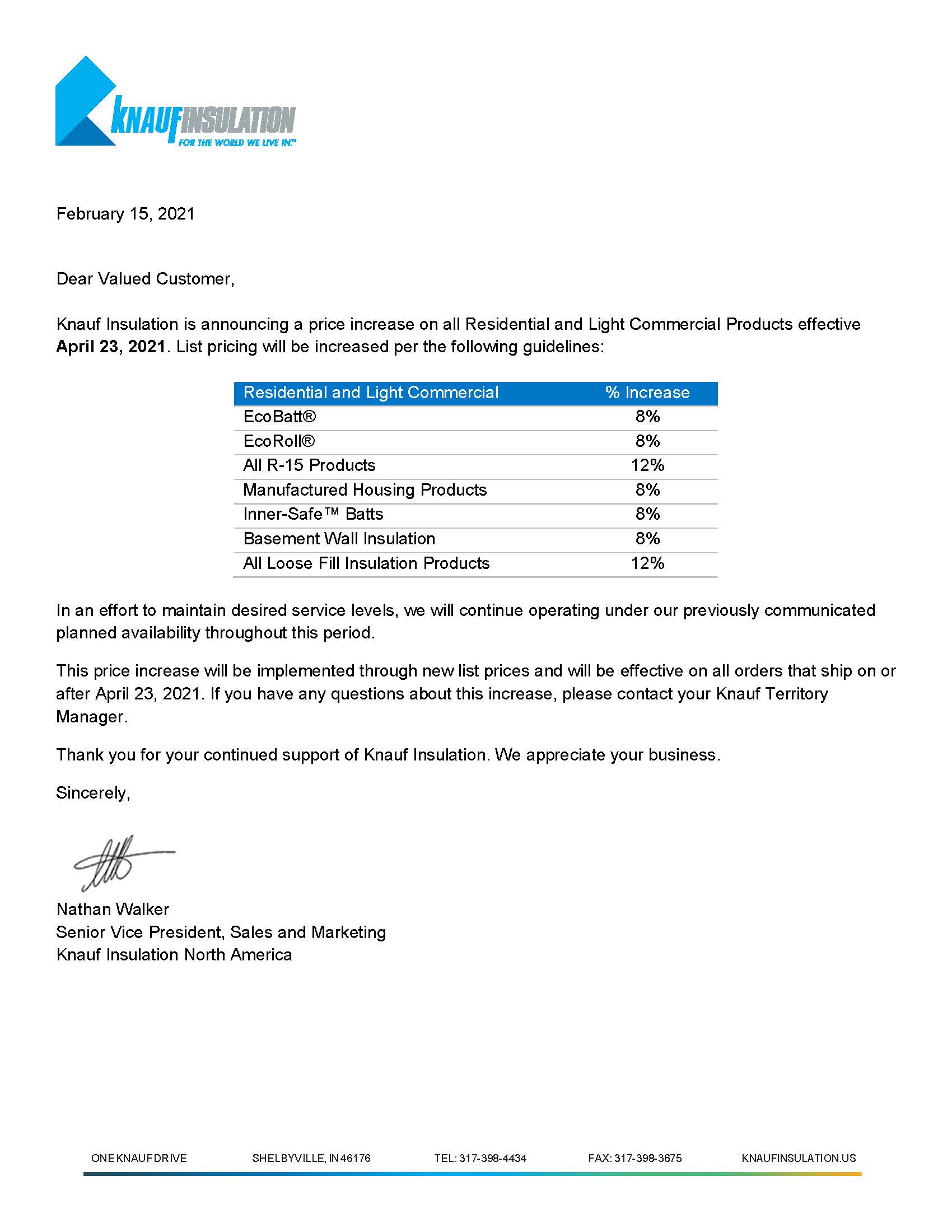 KNAUF 812 PRICE INCREASE ON ALL RESIDENTIAL & LIGHT COMMERCIAL PRODUCTS EFFECTIVE APRIL 23