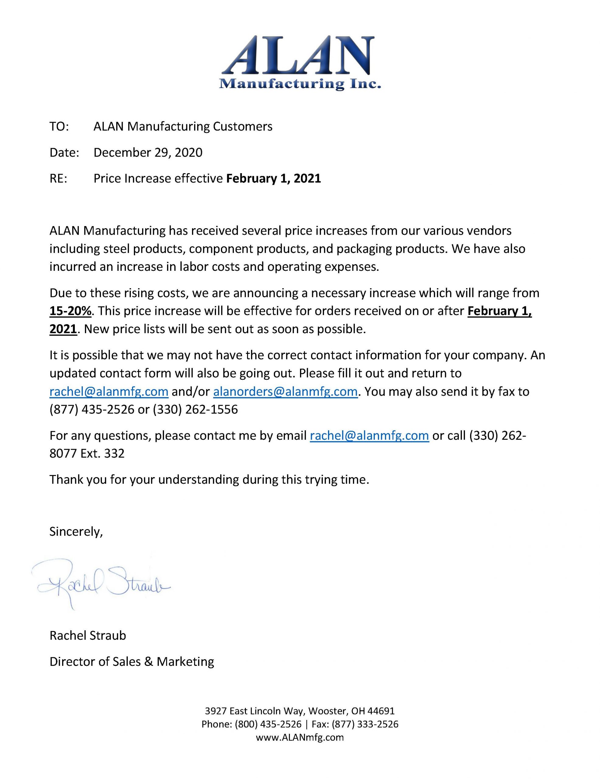 ALAN MANUFACTURING 1520 PRICE INCREASE EFFECTIVE FEBRUARY 1, 2021 General Insulation