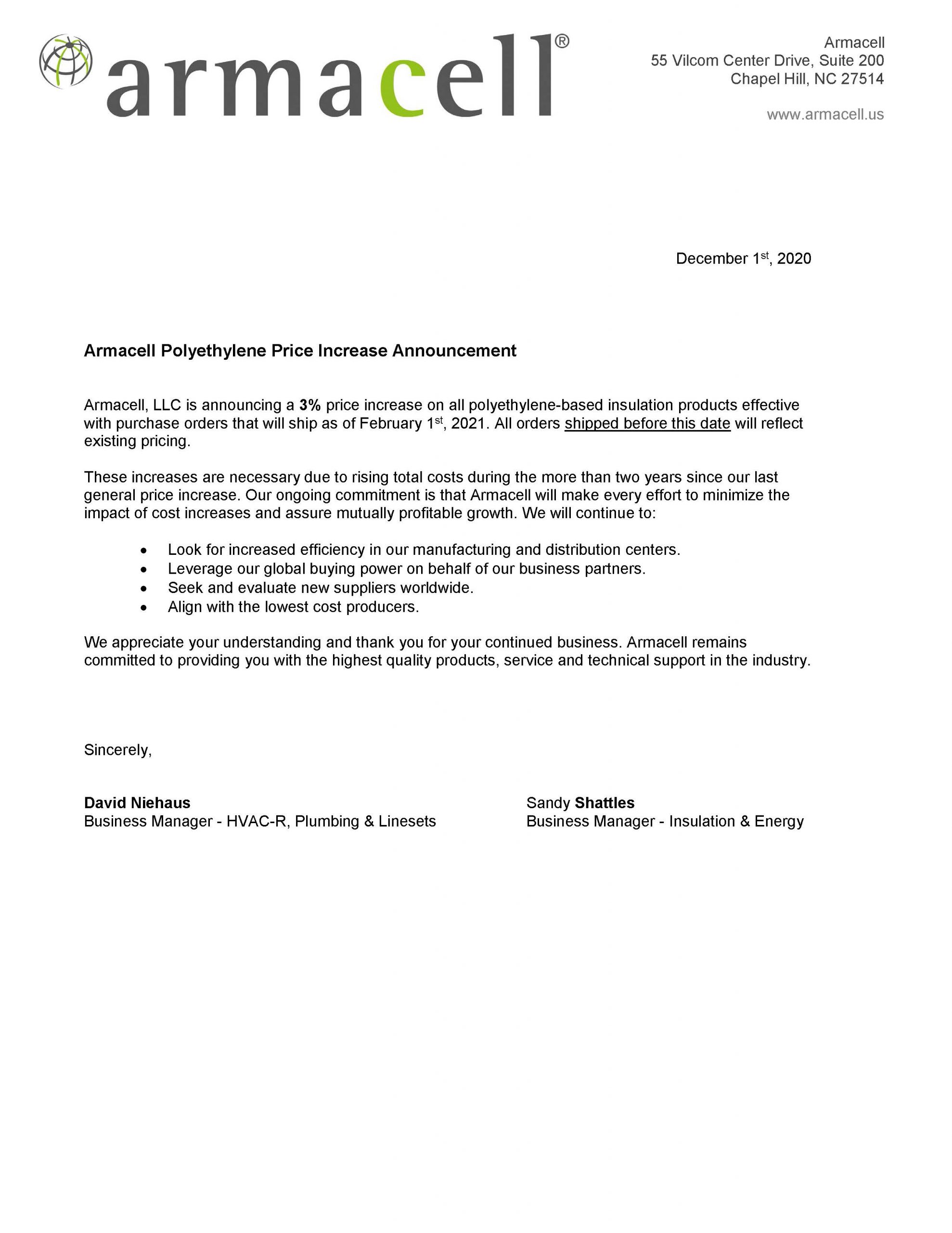 ARMACELL POLYETHYLENE 3 PRICE INCREASE EFFECTIVE FEBRUARY 1, 2021