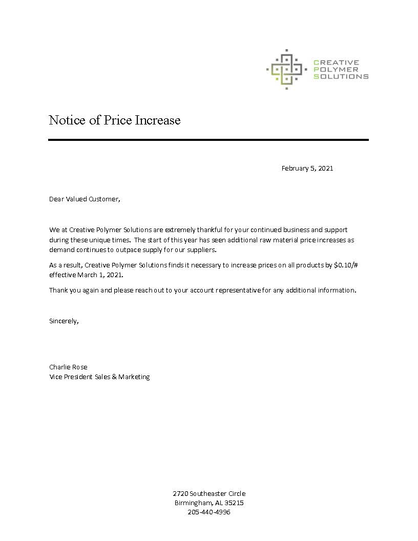 CREATIVE POLYMER SOLUTIONS 0.10/LB PRICE INCREASE EFFECTIVE MARCH 1, 2021 General Insulation