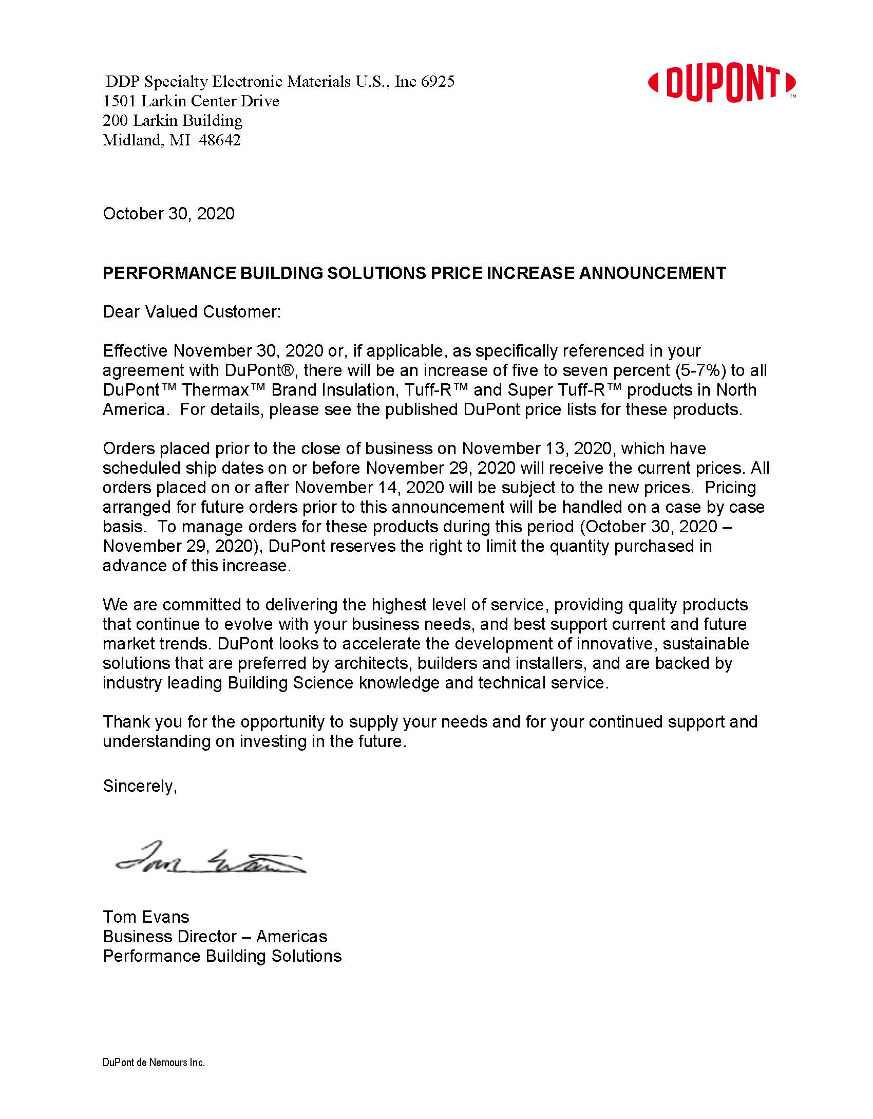 DUPONT 57 AUGMENTATION DE PRIX SUR TOUS LES THERMAX, TUFFR, ET LES