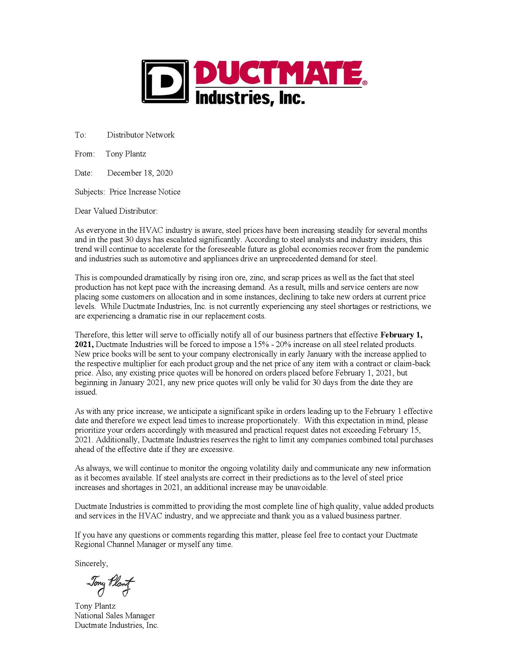 DUCTMATE INDUSTRIES 1520 PRICE INCREASE ON ALL STEEL RELATED PRODUCTS EFFECTIVE FEBRUARY 1