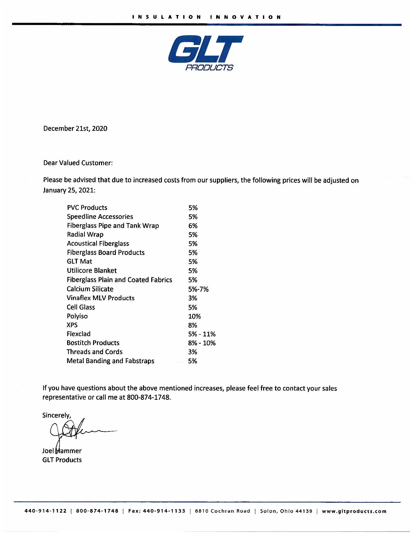 GLT PRODUCTS 311 PRICE INCREASES EFFECTIVE JANUARY 25, 2021 General Insulation