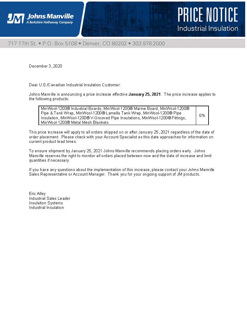 JOHNS MANVILLE 6 PRICE INCREASE EFFECTIVE JANUARY 25, 2021 General Insulation