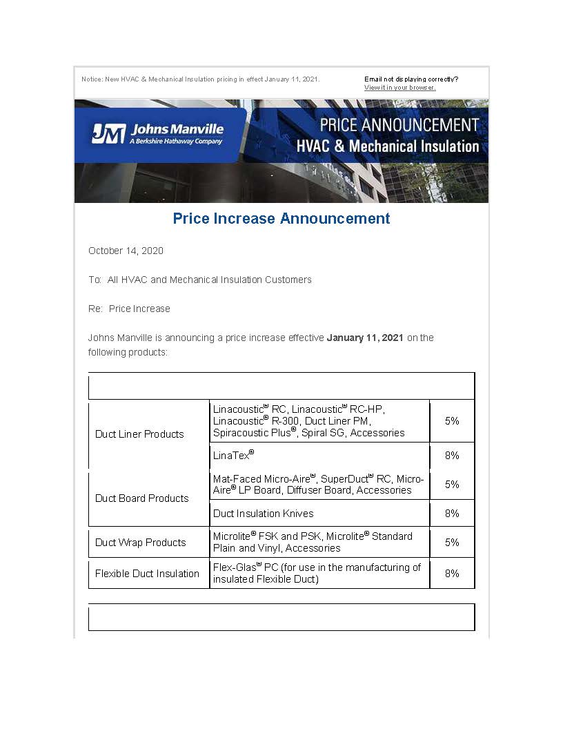 JOHNS MANVILLE 58 PRICE INCREASE EFFECTIVE JANUARY 11, 2021 General