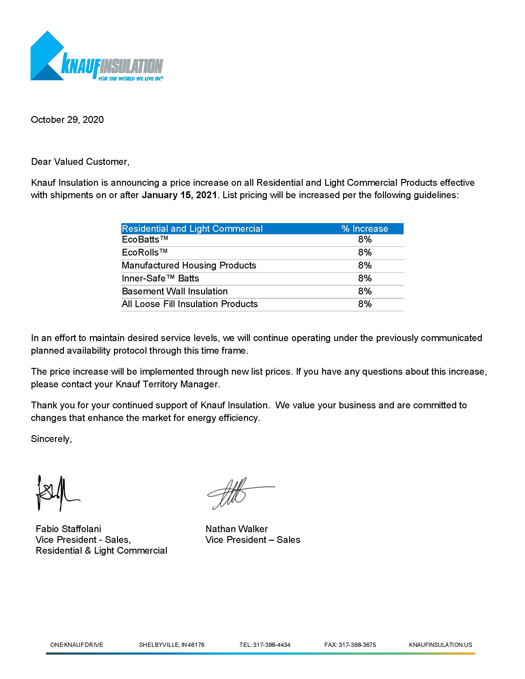 REMINDER! KNAUF 8 PRICE INCREASE ON ALL RESIDENTIAL AND LIGHT COMMERCIAL PRODUCTS, EFFECTIVE