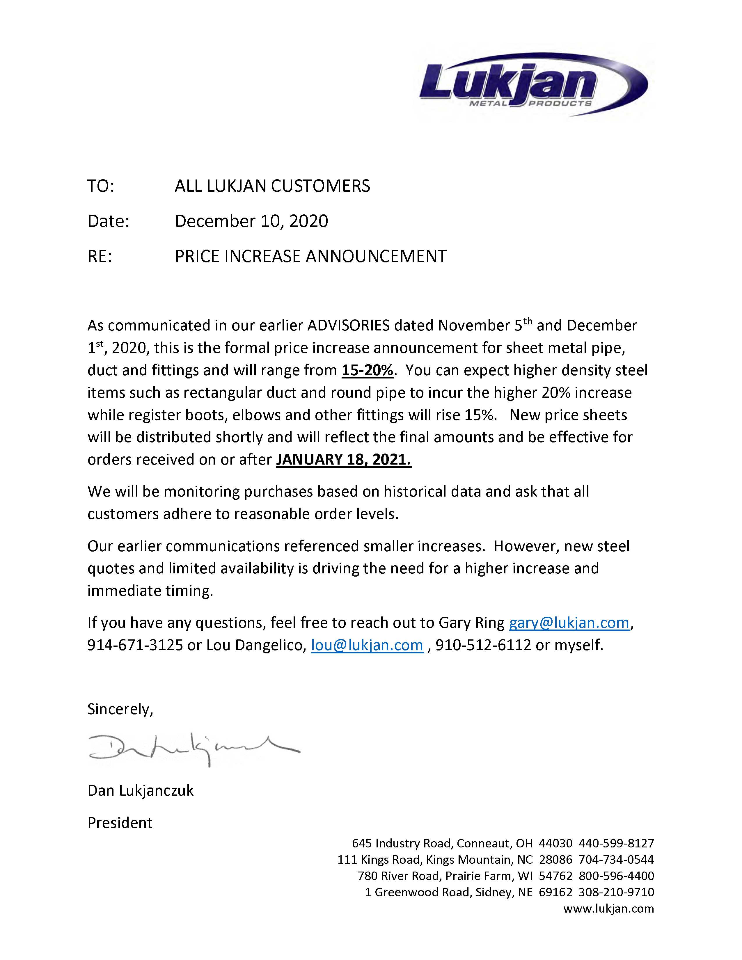 LUKJAN METAL PRODUCTS 1520 PRICE INCREASE EFFECTIVE JANUARY 18, 2021 General Insulation