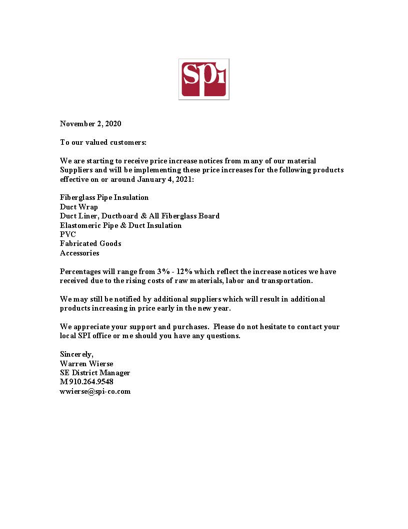 SPI (SPECIALTY PRODUCTS & INSULATION) 3 12 PRICE INCREASE EFFECTIVE