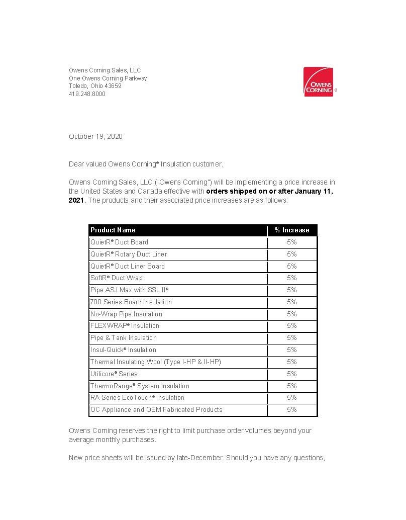 OWENS CORNING 5 PRICE INCREASE EFFECTIVE JANUARY 11, 2021 General