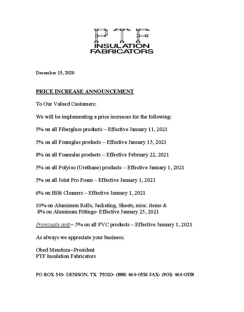 PTF INSULATION FABRICATORS 510 PRICE INCREASE EFFECTIVE JANUARY 2021 General Insulation