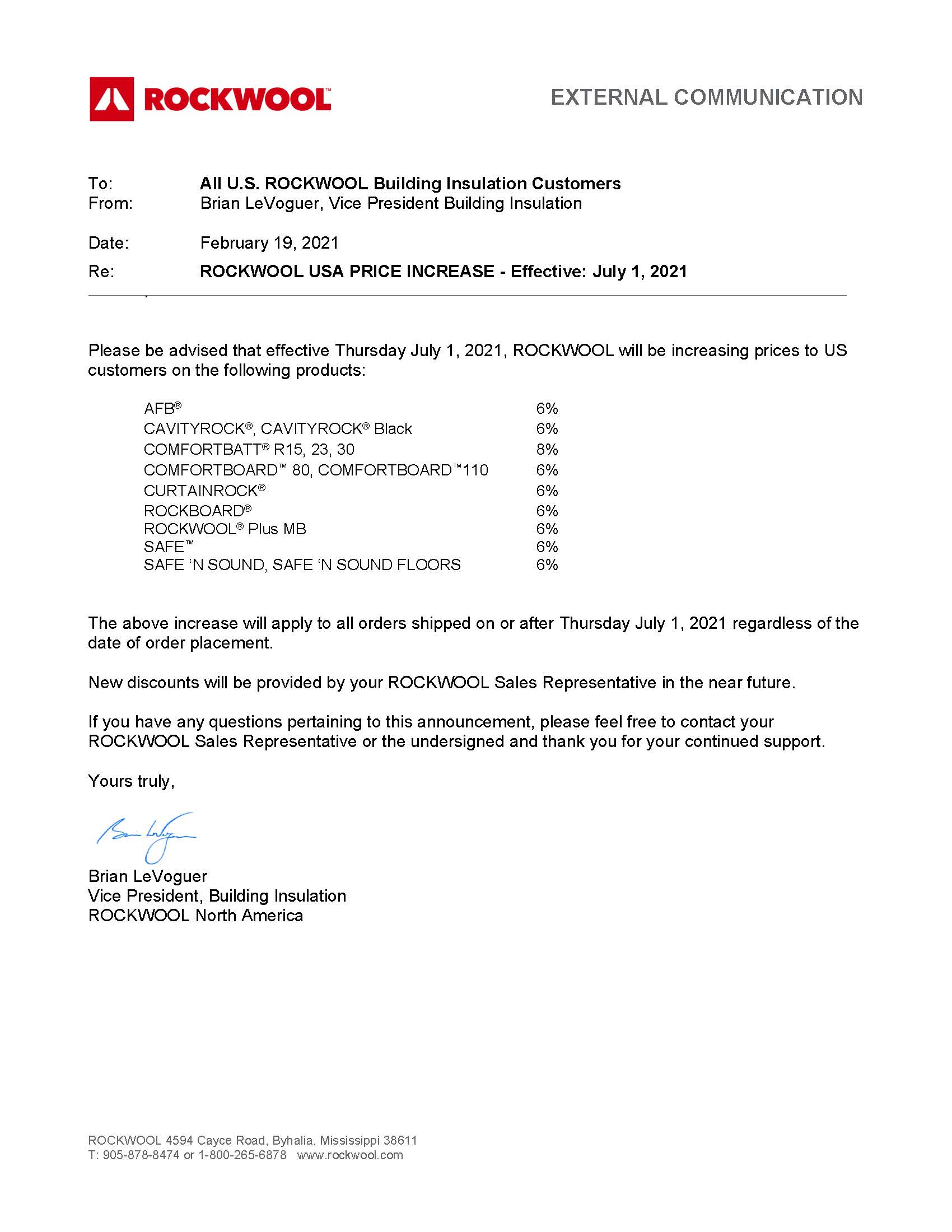 ROCKWOOL 68 PRICE INCREASE EFFECTIVE JULY 1, 2021 General Insulation