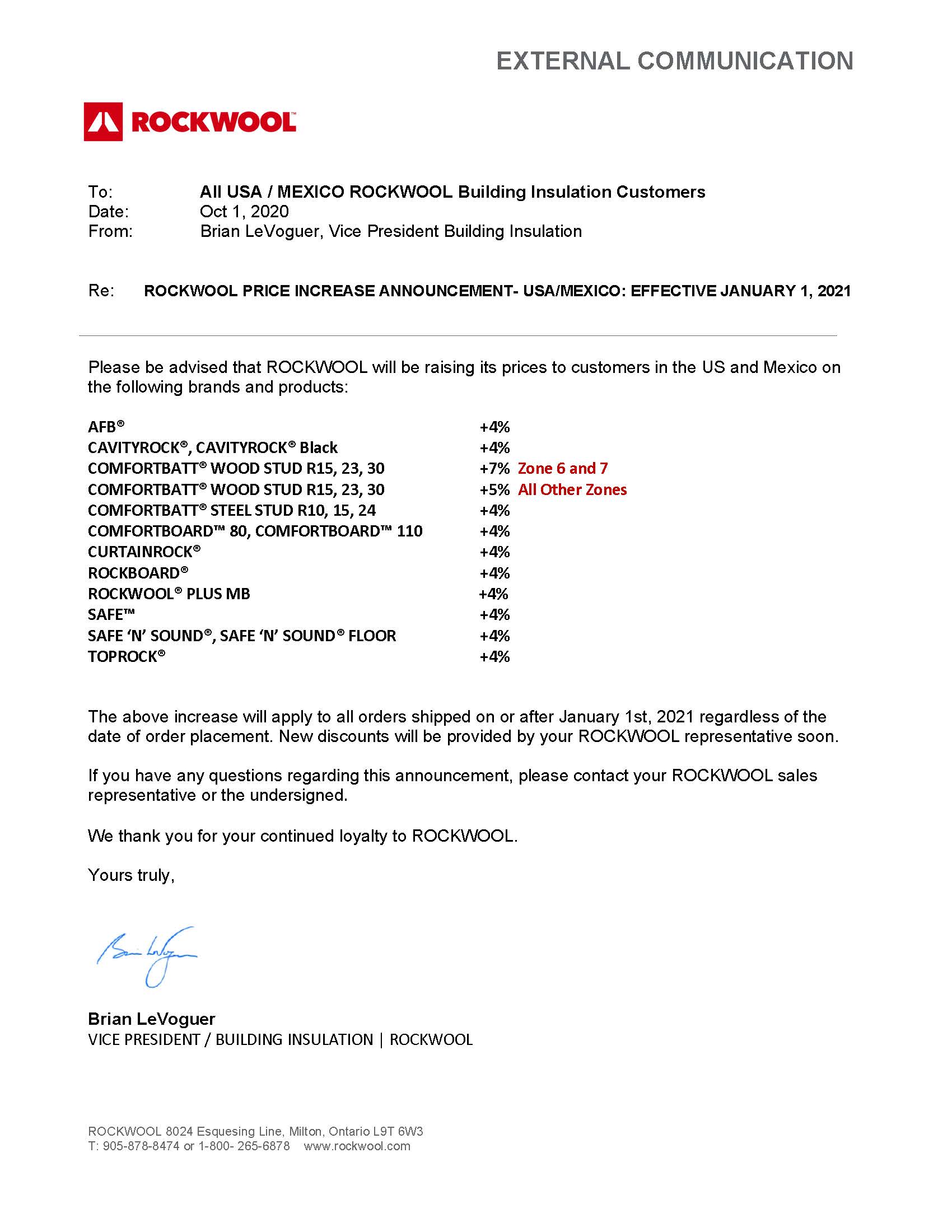 ROCKWOOL ANNOUNCES 47 PRICE INCREASE EFFECTIVE JANUARY 1, 2021 General Insulation