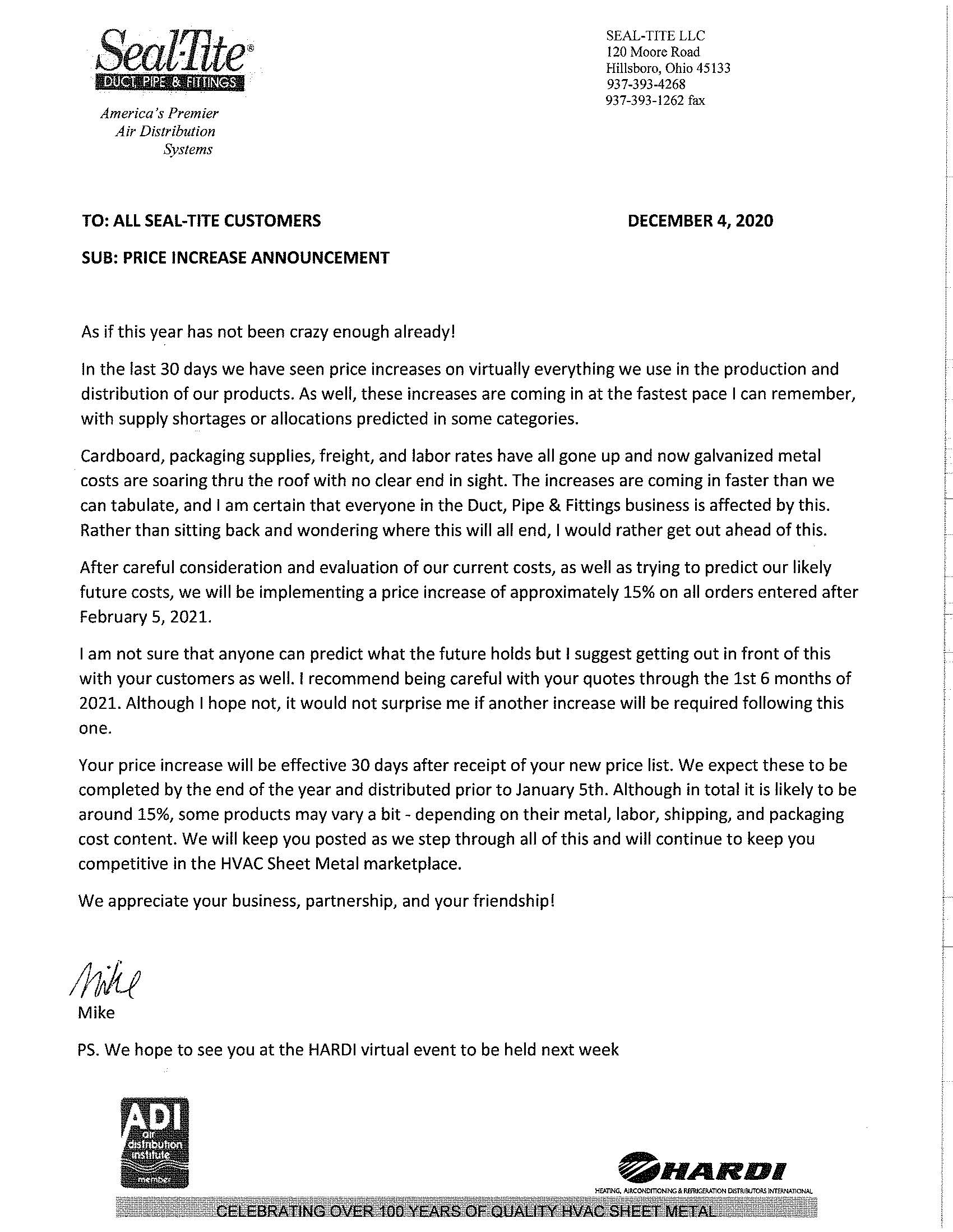 SEALTITE 15 PRICE INCREASE EFFECTIVE FEBRUARY 5, 2021 General Insulation